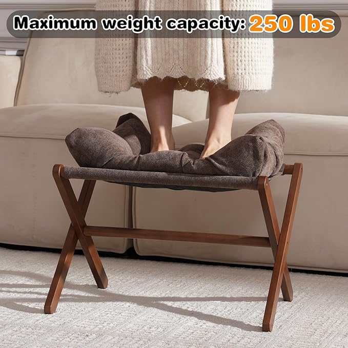 Folding Foot Stool, Small Accent Ottoman with Thick Cotton Cushion & Bamboo X Legs, Modern Padded Sofa Stool for Makeup Bedroom Living Room (Brown)