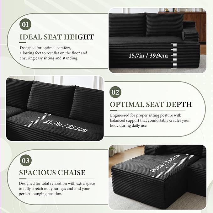 96" Sectional Couches for Living Room Cloud Couch Sofa with L-Shape Upholstered Boneless Couchs Modern Modular Sectional Couch with Chaise (Black, 96" W+Left Facing Chaise+2Seaters)