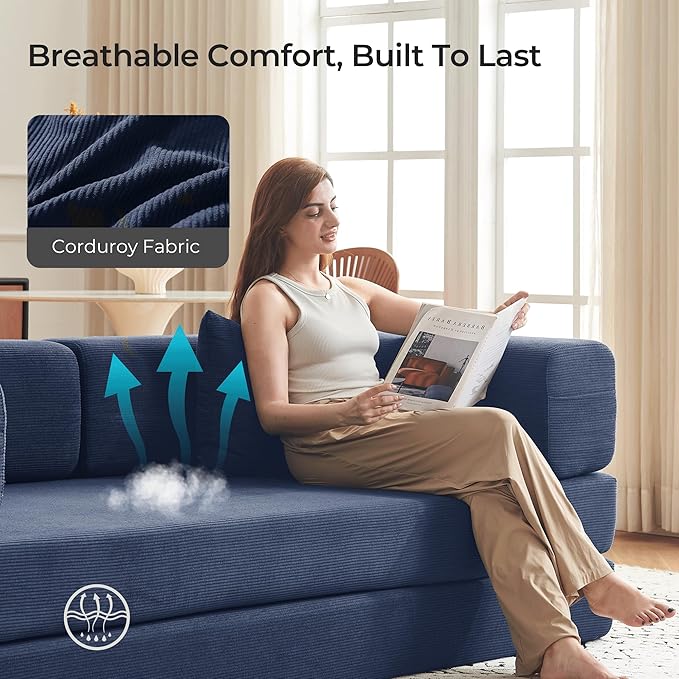 79" Convertible Sofa Bed with Pillows, Corduroy Folding Sleeper Sofa with Fixed-Shape Frame, Boneless Couch for Living Room Bedroom, Floor Sofa Lounge No Assembly Required (A - Style - Blue)