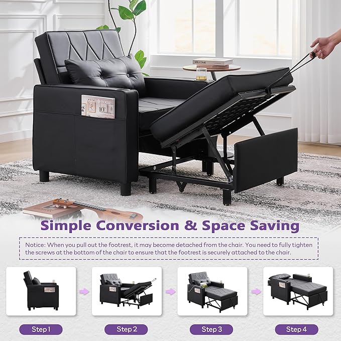 TYBOATLE Leather Convertible Sleeper Chair Bed for Adults, 3-in-1 Pull Out Sofa Chair Bed with USB/Type-C Ports, Cup Holders, Side Pockets, Single Sofa for Living Room, Office, Bedroom (Black)