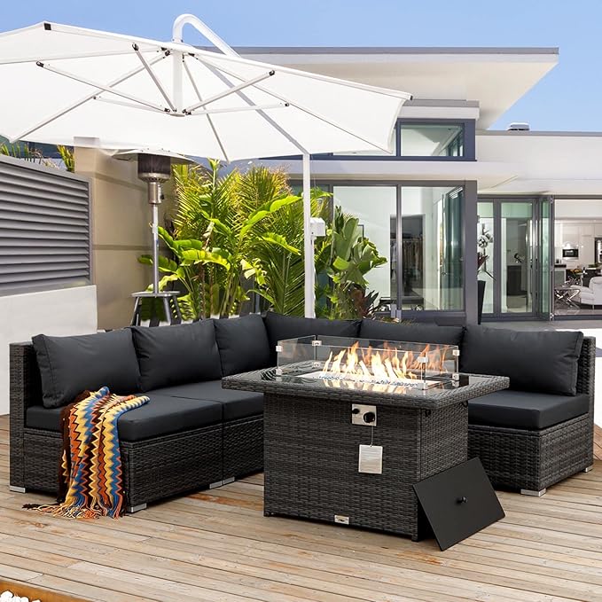 RADIATA 6 Piece Wicker Patio Furniture Set with Fire Pit, All-Weather Outdoor Sectional Couch High Back Large Size, Modular Backyard Seating Sofa Set with Propane/Natural Gas Firepit Table, Dark Grey