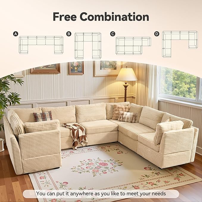 CAODOC Large 7 Seat Modular Sectional Sofa with Ottoman Seat Corduroy Sleeper Sectional Sofa Bed Oversized Convertible Modular Couch for Living Room