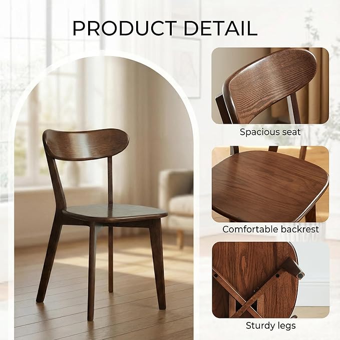 Grewood Oak Wood Dining Chairs,Mid Century Modern Dining Chairs with Comfortable Curved Backrest,Wood Chairs for Kitchen,Dining Room (2, Walnut Color)