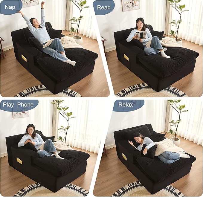 63" Oversized Boneless Chaise Lounge Chair, Extra Cloud Layer, Convertible Sleeper Sofa Couch with Removable Pillows & Side Pockets, Corduroy Upholstered Sofa Bed with Armrests for Living Room, Black