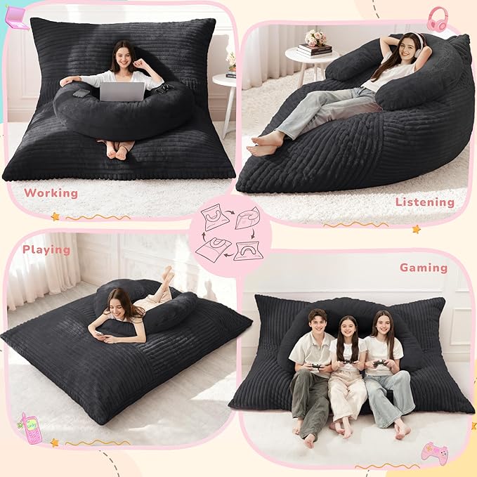 Homguava Giant Bean Bag Chair for Adults with Pillow, 4 in 1 Convertible Floor Cushion for Adluts, Memory Foamed Bean Bag Lounger with Washable Cover for Living Room, Bedroom
