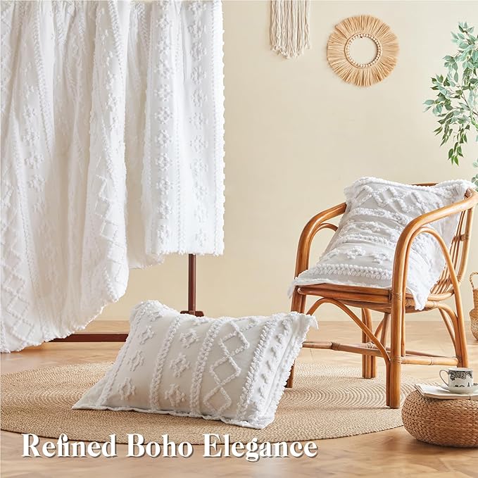 MR&HM White Boho Comforter Set, Farmhouse Bedding Set, Queen Bed in a Bag Set 7 Pieces with 1 Comforter, 2 Pillow Shams, 2 Pillowcases, 1 Flat Sheet, 1 Fitted Sheet for All Seasons