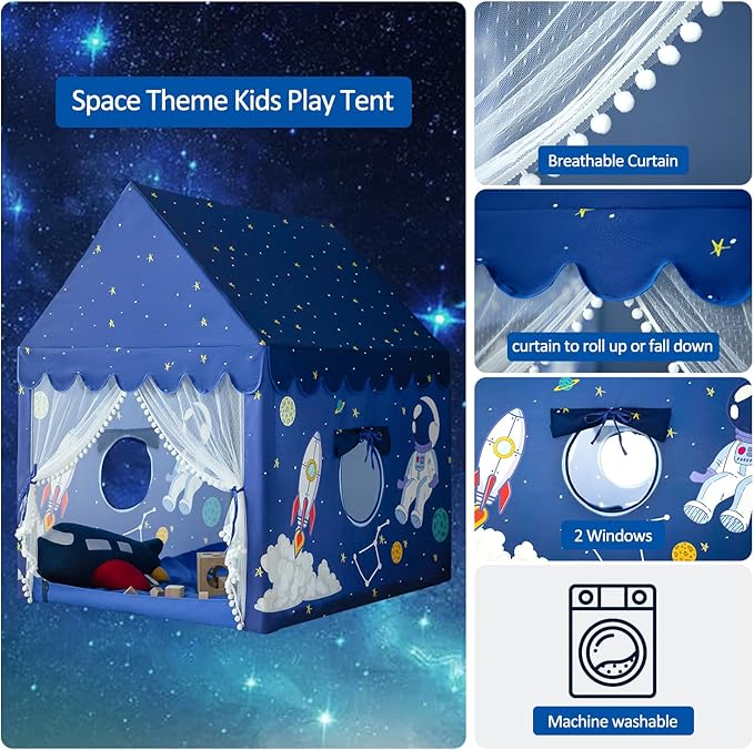 Kids Play Tent Playhouse Indoor Tent for Kids Boys Toddler, Large Castle Play House Bed Tents Spaceship Outer Space Rocket Blue, Kid Toys for Boy Girl Birthday House Gift