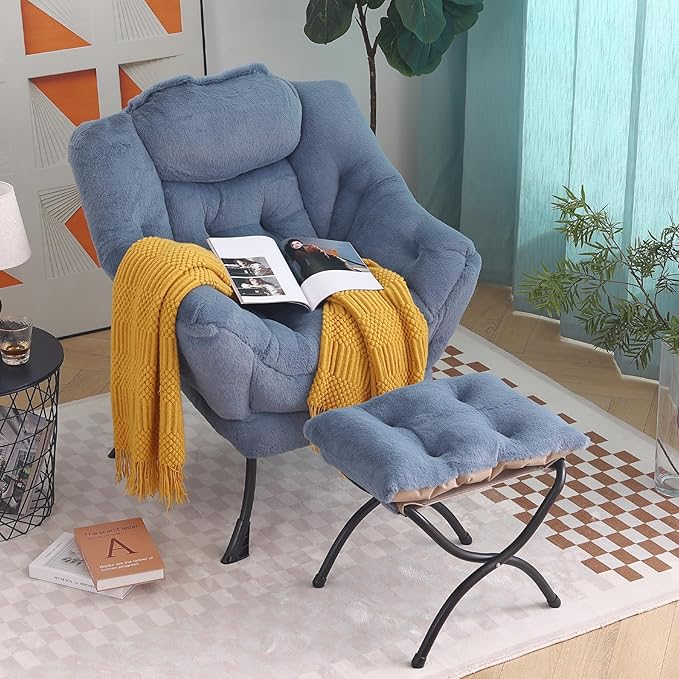 Tiita Lazy Chair with Ottoman, Blue Chairs Modern Large Accent Lounge Armchair, Comfy Leisure Sofa Reading Chair with Footrest for Bedroom, Living Room, Dorm Rooms, Garden, Plush Light Blue