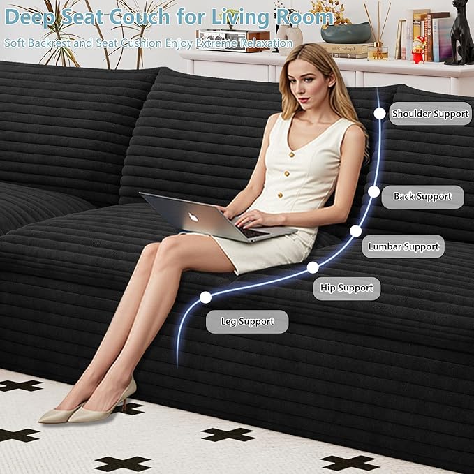 107" Cloud Sectional Couch with L-Shape Chaise, Modern Corduroy Viral Boneless Sofa for Living Room,Memory Foam Couches in a Box with Deep Seat,No Assembly Required (Jet Black,Left-Facing Chaise)