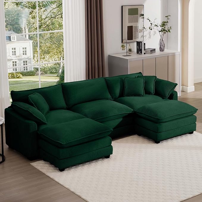 Aoowow Corduroy 3 Seater Couch with Ottomans,Modern Large Cloud Couches for Living Room,U Shaped Modular Sectional Cloud Sofas Deep Seat,Oversized Tufted U Shape Sofa Set (Green, 3 Seater + 2 Ottoman)
