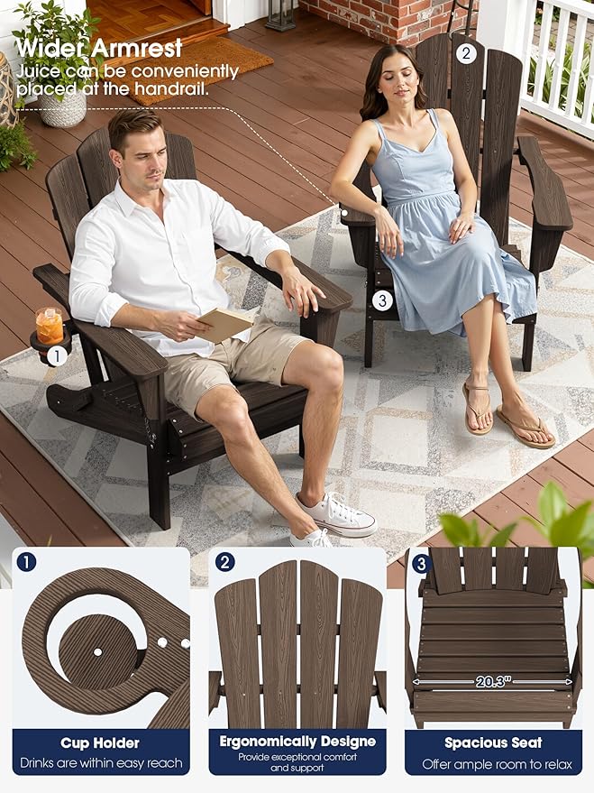 KINGYES Folding Adirondack Chair Set of 4, HDPE All-Weather Folding Adirondack Chair, Coffee