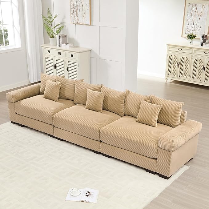 KEIKI 130" Oversized Corduroy Modular Cloud Sectional Sofa with High-Density Foam Cushions, Extra-Thick Armrest, Upholstered Modern 3-Seater Fluffy Corner Couch with 9 Pillow, for Living Room, Camel