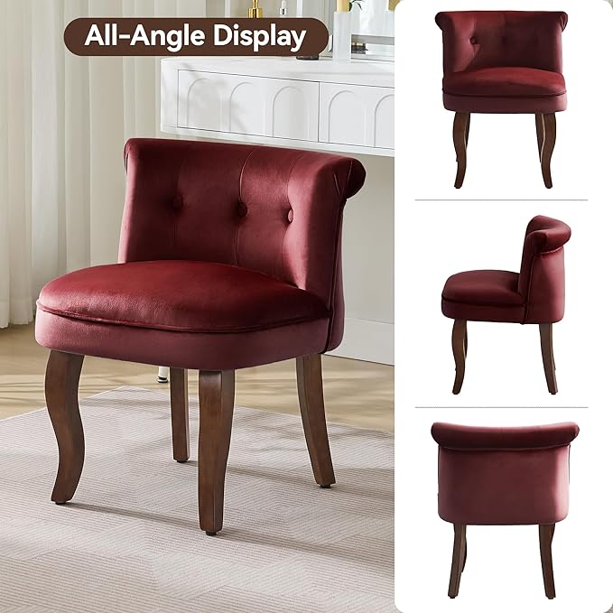 WUTUTUEE Velvet Vanity Chair with Solid Wood Legs, Tufted Upholstered Vanity Stool with Back, Mid Century Small Makeup Accent Chair for Bedroom, Living Room, Burgundy