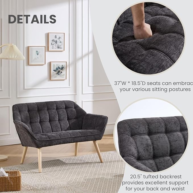 48" Small Couches for Living Room, Mid Century Modern Loveseat with Wood Legs 2-Seat Chenille Upholstered Sofa Tufted Couches for Small Space, Apartment, Dorm, Dark Gray