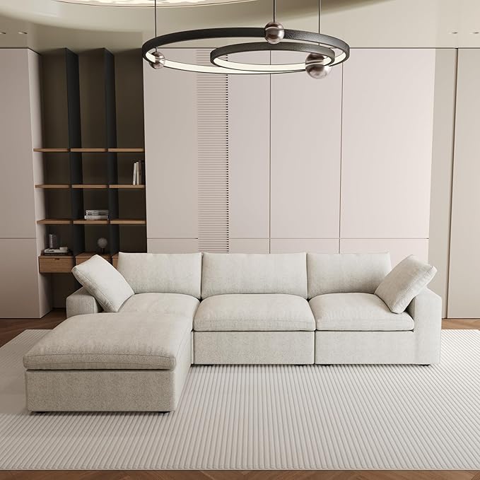 120.45" Cloud Modular Sectional Sofa with Storage Ottoman, L Shaped Minimalist Convertible Couch Deep Seat Sofa for Living Room Sofa Sets-Khaki