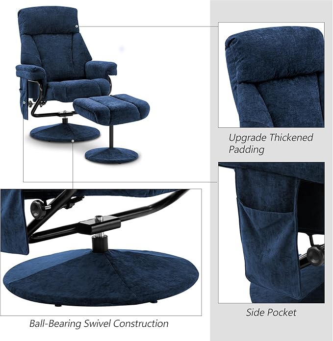 MCombo Swivel Recliner with Ottoman, TV Chair with Vibration Massage, Ideal for RV Small Space, Living Room & Bedroom 4828 (Textile, Blue)