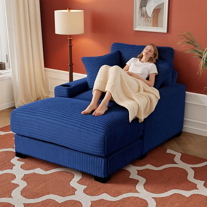 Oversized 60" Chaise Lounge Chair with Adjustable Backrest, Solid Wood Frame Corduroy Upholstery, Cup Holder USB & Type-C Port, 2 Pillows Sleeper Couch Deep Seat for Living Room, Bedroom, Blue