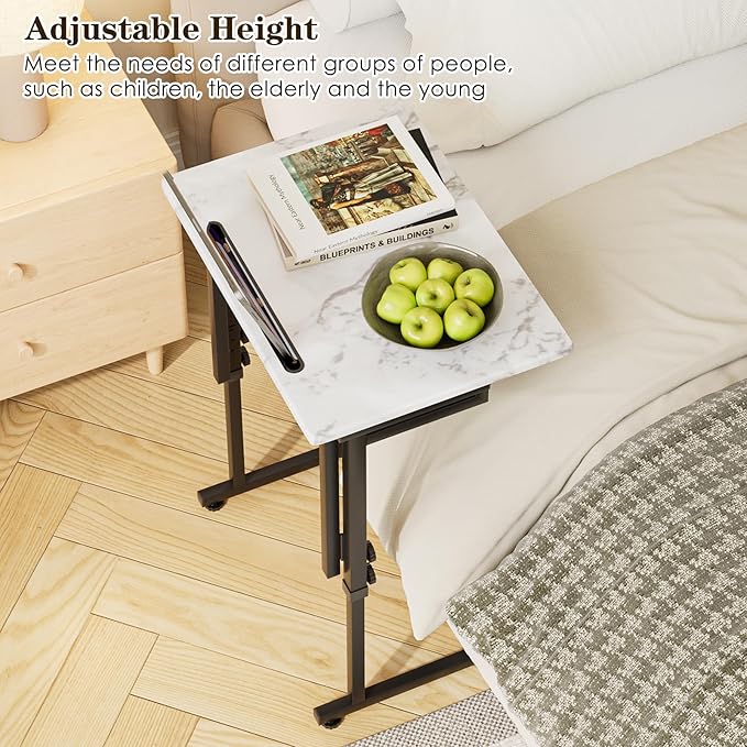 Fleecy day TV Tray, Folding TV Dinner Table, Adjustable Small C-Shaped End Tray for Eating, Foldable Slide Under Couch Side Table for Recliner, Living Room, Bedroom,No Assembly Required(White Marble)