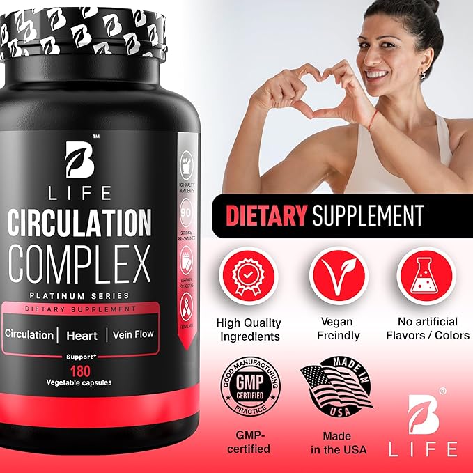 Butcher’s Broom, Horse Chestnut, L-Arginine and Resveratrol, Circulation Complex | 180 Caps - 45 Days | Made in USA by B Life. (CirculationUSA)