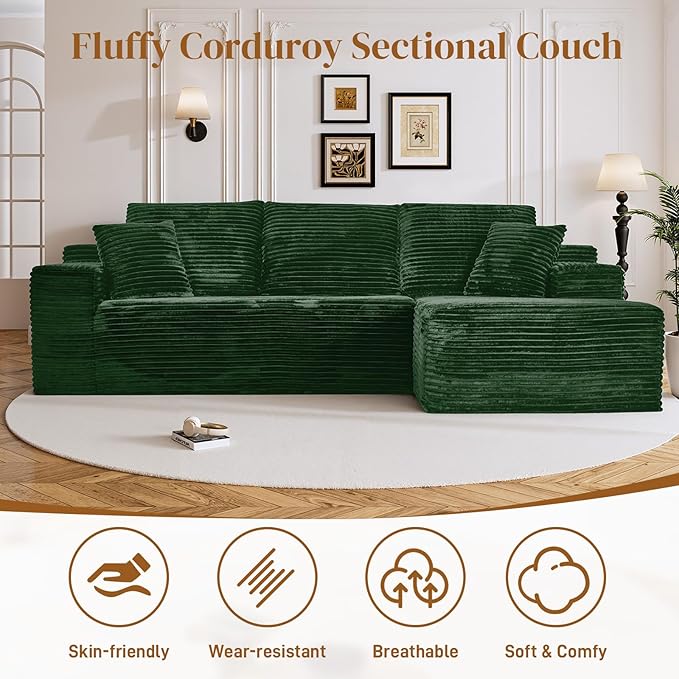108" Boneless Cloud Sectional Couches for Living Room, Fluffy Comfy Soft L Shaped Memory Deep Seat Foam Boneless Couch, Modular Sectional Sofas with Right Facing Chaise, Green