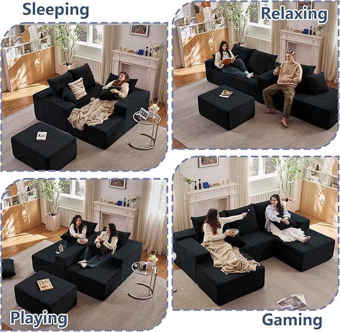 107" W Cloud Sectional Couch with Ottoman,Modern U-Shaped Cloud Couch with Deep Seat,Comfy Corduroy 3-Seater Sofa,Memory Foam Sofa for Living Room,No Assembly (Jet Black,Right-Facing Chaise)