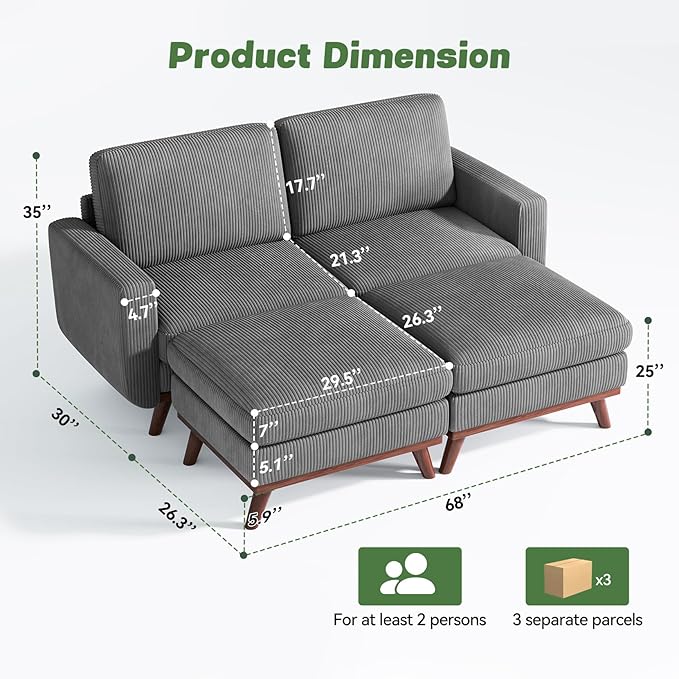Vesgantti 68" Loveseat Sofa with Movable Ottoman, Comfy Corduroy Couch with Spring Cushion, Sofa Couch with Solid Wood, Modern Office Sofa with Deep Seat for Living Room and Bedroom, Dark Gray