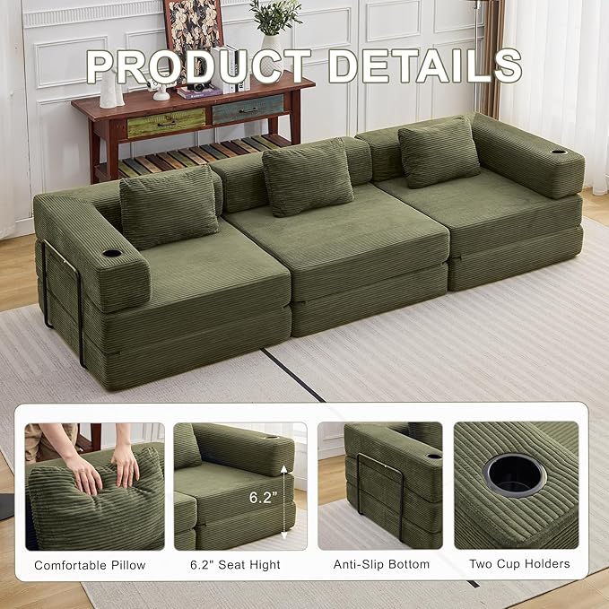 118" Oversized Convertible Floor Sofa Bed, Boneless Foldable Mattress Cloud Couch with Pillow Back & Armrest, Fold Out Floor Couch with Cup Holder for Living Room Bedroom Lounge, Corduroy, Olive