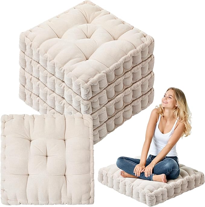 Jerify Floor Pillow Cushions 22 x 22 Inch Round Square Large Meditation Floor Pillow for Classroom Adult Meditation Picnic Party Cushion for Seating Gift Christmas(Scalloped Edge,Ivory White,4 Pcs)
