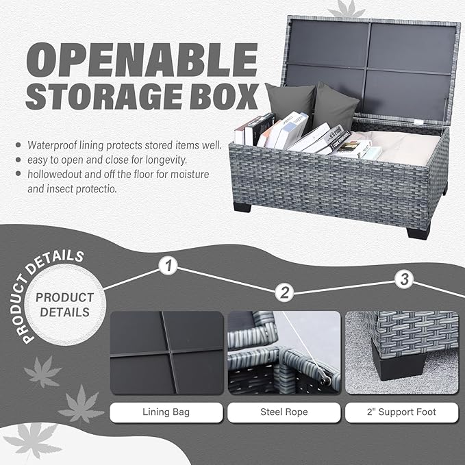 Lviden 6 Pieces Wicker Patio Furniture Sets Outdoor Conversation Set HDPE Rattan Sectional Sofa Couch with Storage Table and Grey Cushions