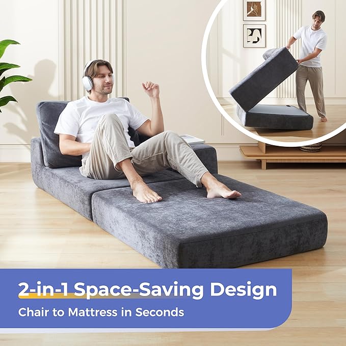 8" Thick Freestanding Folding Sofa Bed for Adults,Convertible L-Shaped Sleeper Chair with Left Armrest and Pillow, Lazy Couch for Living Room/Bedroom/Guest Use/Home Office/Apartment