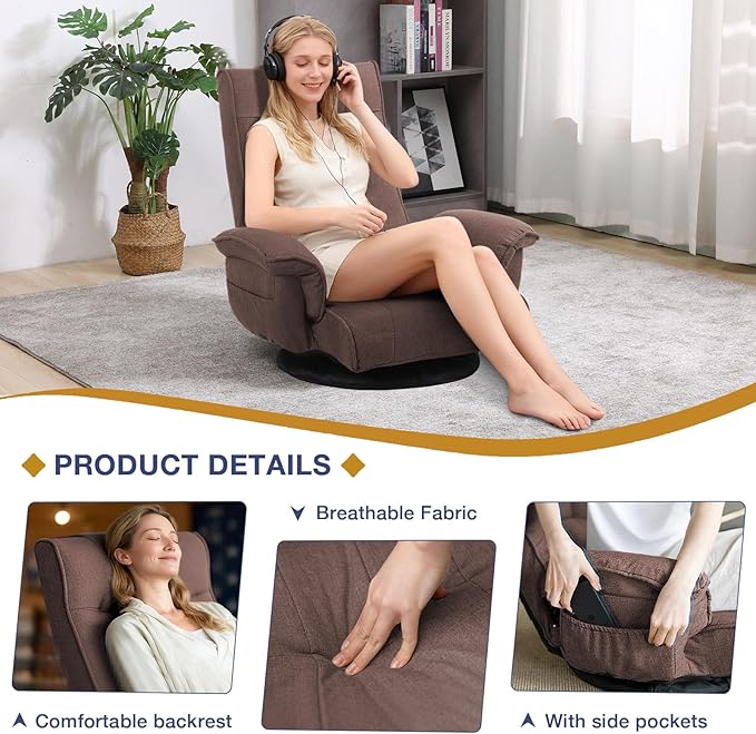 Linen Fabric Ergonomic Gaming Chair, 6-Position Reclining Sofa Bed with Lumbar Support, Foldable Floor Lounger with Thick Cushion, Armrests & Side Pockets for Esports, Reading, Napping (Coffee)