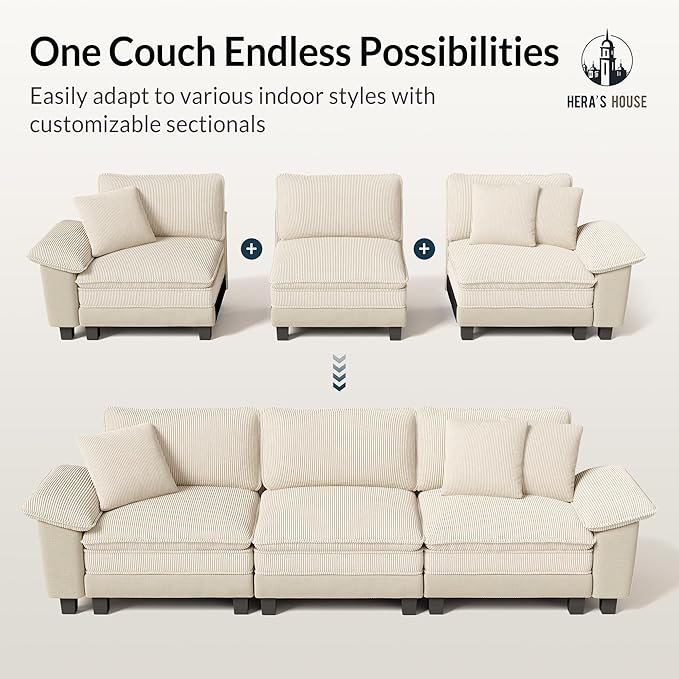 HERA'S HOUSE 124" Modular Sectional Sofa, Oversized L Shaped Couches for Living Room, Comfy Cloud Couch with Ottoman, 4-Seater Deep Seat Sofa with Throw Pillow, Corduroy and Chenille Beige
