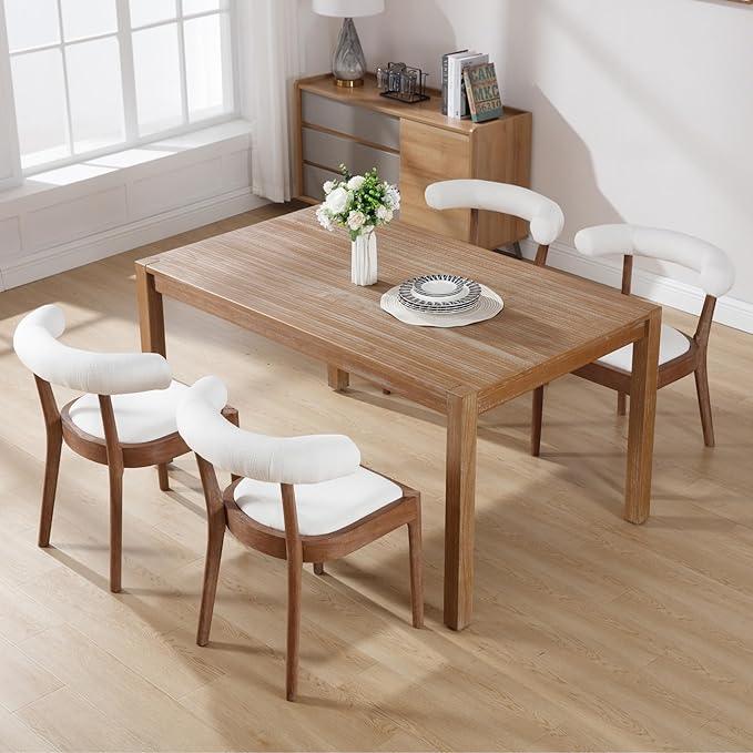 Kmax Dining Room Chairs Mid-Century Modern Fabric Kitchen Chairs with Natural Walnut Finished Frame, Linen Curved Back, Set of 2, White