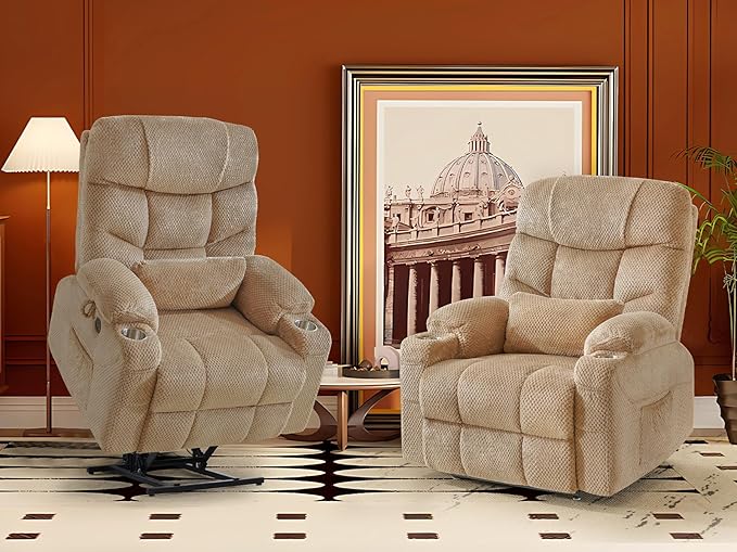 CDCASA Oversized Dual Motor Lay Flat Power Lift Recliner Chair with Massage, Heat, Textile Infinite Position Large Recliner Chairs for Big Men & Elderly, Lumbar Pillow, USB & Type-C Ports,2PCS, Beige