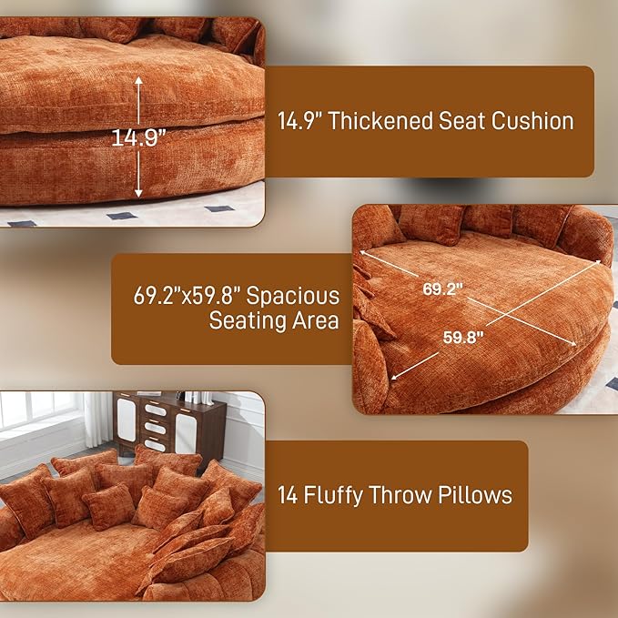 81" Oversized Bean Bag Chair Boneless Round Chaise Lounge Comfy Chenille Reading Chair Fluffy Plush Sofa Bed Large Deep Seat Circle Cloud Couch for Living Room, Bedroom, Apartment, Orange