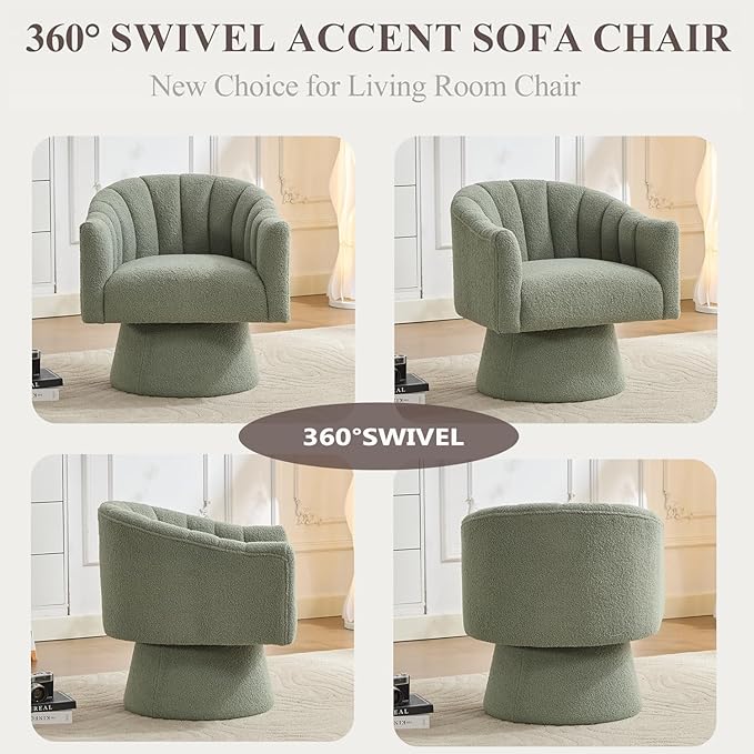 SEYNAR Swivel Accent Chair,Upholstered Teddy 360° Swivel Barrel Chair for Living Room Overstuffed Bouncle Reading Chair Round Armchair for Bedroom,Vanity,Office-Green