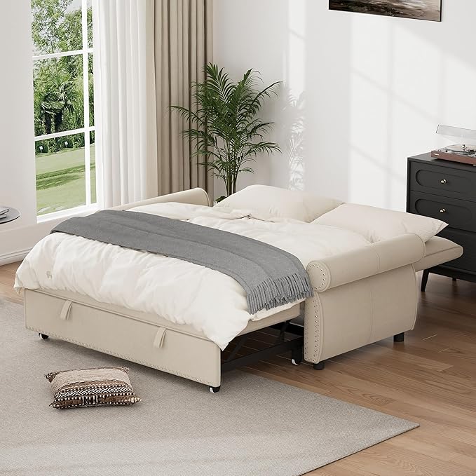 3 in 1 Sofa Bed, 61 Inch Convertible Pull out Couch with Four Pillows, Loveseat Sleeper Sofa with Adjustable Backrest, Sofa Couches for Living Room, Bedroom, Apartment, Chenille Fabric, Beige