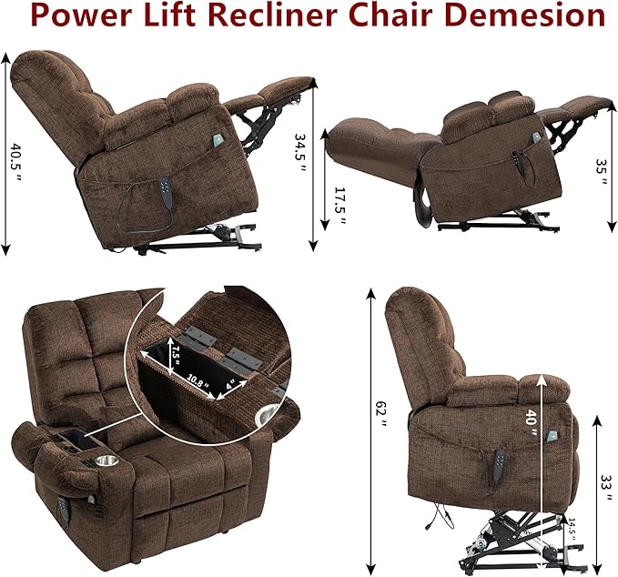 Comfortable Lifting Recliner Chair for Seniors, Power Lift Recliner Chair with Heat and Massage, Zero Gravity Lay Flat Recliner with Cup Holder for Elderly Big and Tall Men 400lbs, Brown