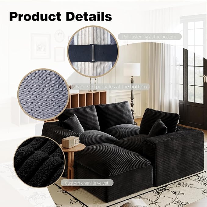 ZIGHTH 108" Plush Corduroy L Shaped Sectional Cloud Sofa Couch with Ottoman, Soft Deep Seat Modular Sectional Couches for Living Room,No Assembly. Black