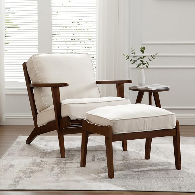 chairus Mid-Century Modern Accent Chair with Ottoman Linen Fabric Upholstered Living Room Chair for Bedroom Reading Room Lounge with Arm & Solid Wood Frame, Fabric Beige