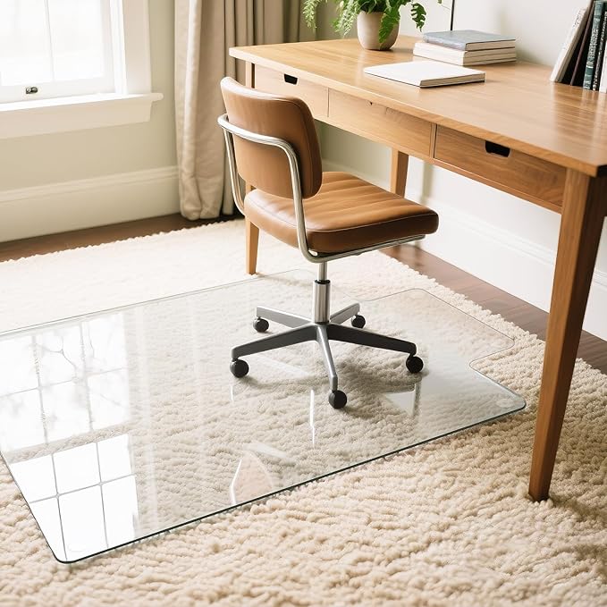 VSARHouse Irregular Tempered Glass Office Chair Mat with Lip, 53"x45" Glass Floor Mat for Carpets or Hard Floors, with Tabbed and Non-Slip Pads, Effortless Rolling, Thick 0.2"