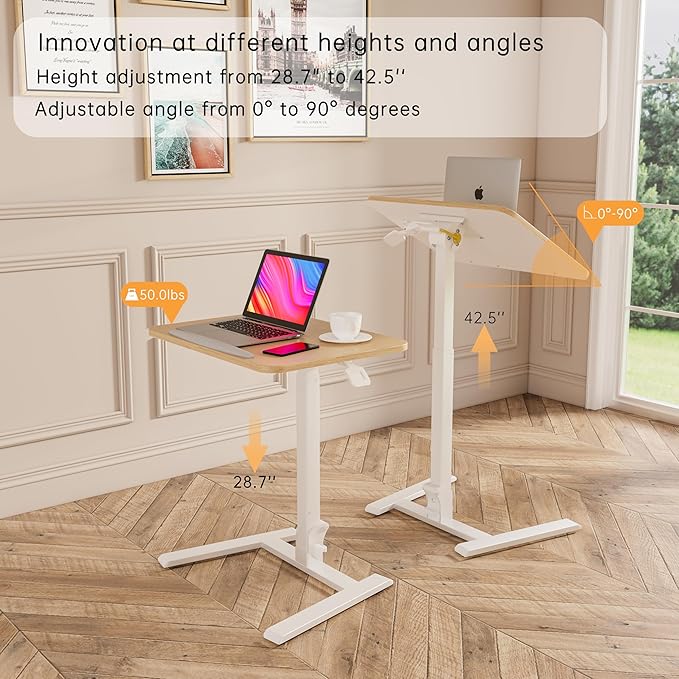 Mobile Folding Desk - 25 Inch Space-Saving Portable Sit-Stand Desk with Wheels, Height Adjustable for Home Office, Craft & Study, Beige