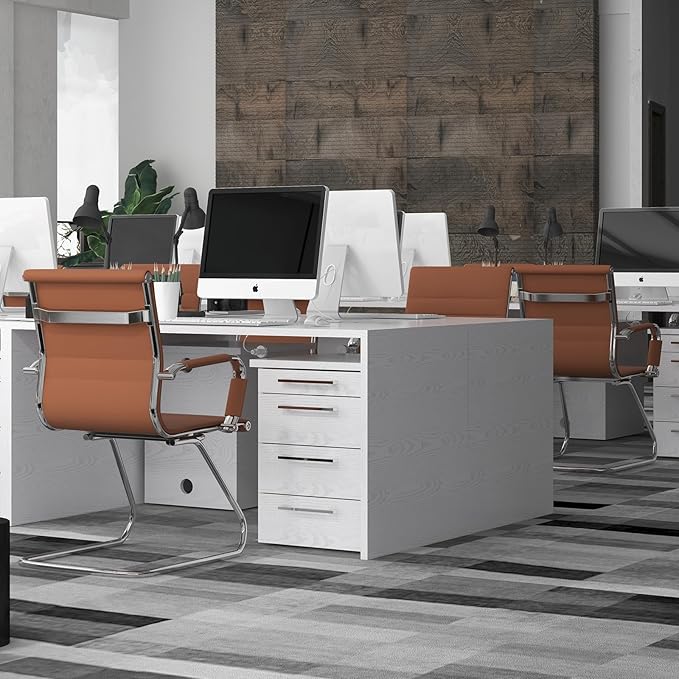 DM Furniture Office Desk Chair Set of 6,No Wheels PU Leather Computer Chairs Mid Back Guest Chairs with Seld Base for School/Reception/Conference/Waiting Room,Cafe