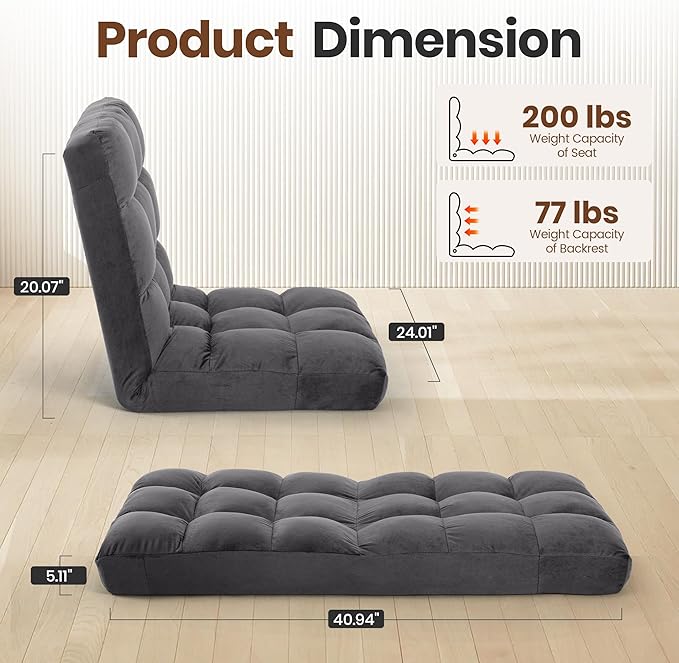 Large Lazy Sofa, 24-inch Wide Plush Velvet Adjustable Floor Chair, 14-Position Armless Sofa(Grey)