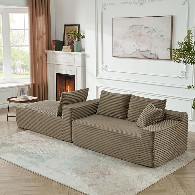 HYJT-H&K Modular Sectional Sofa Cloud Sectional Couch, 95" Comfy Fluffy L Shaped Brown Couches for Living Room, Deep Seat Memory Foam Plush Corduroy Boneless Couch Sectionals Left Facing Chaise Sofa