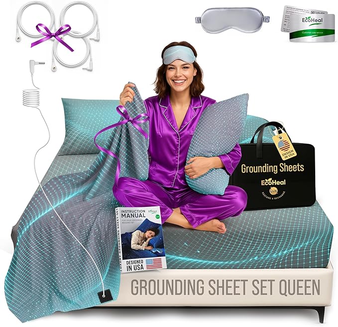ECOHEAL Grounding Sheet Set - Queen Size, Gray Fitted & Flat Sheets with Pillowcases - 12% Silver Fiber, 4% Silk, 84% Cotton - SGS Quality Certified Conductive Bed Grounding Kit for Better Sleep