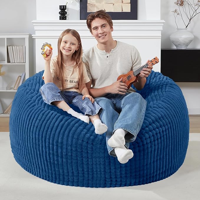Homguava 3 FT Bean Bag Chair,3' Big Bean Bag,Large Bean Bag Chairs for Adults with Memory Foam Filled,Comfy Beanbag Chairs Soft Bean Bag Sofa with Dutch Corded Plush Cover-Blue