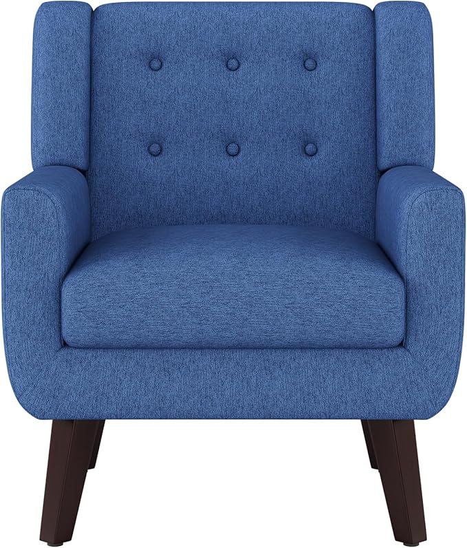 Accent Chairs, Mid-Century Modern Upholstered Living Room Armchair, Comfy Oversized Linen Fabric Single Reading Arm Chair with Tufted Back and Wood Legs for Bedroom, Club (1, Navy)