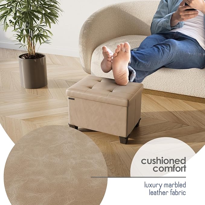 Storage Ottoman Cube with Small Bin, 16-in Square Ottoman with Storage for Living Room and Bedroom, Small Ottomans Foot Rest, Faux Leather Foot Stools Ottomans Max 330lbs, Taupe