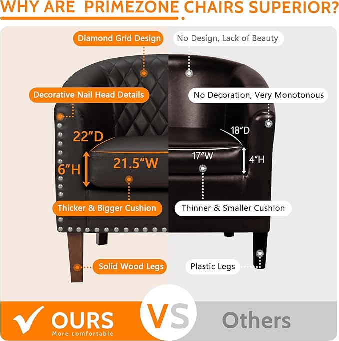 PrimeZone Barrel Chair, Comfy Accent Chair, Faux Leather Living Room Chairs Club Chairs with Cushion, Nailhead Trim and Diamond Mesh Backrest, Reading Chairs for Bedroom Waiting Room, 8PCS, Brown